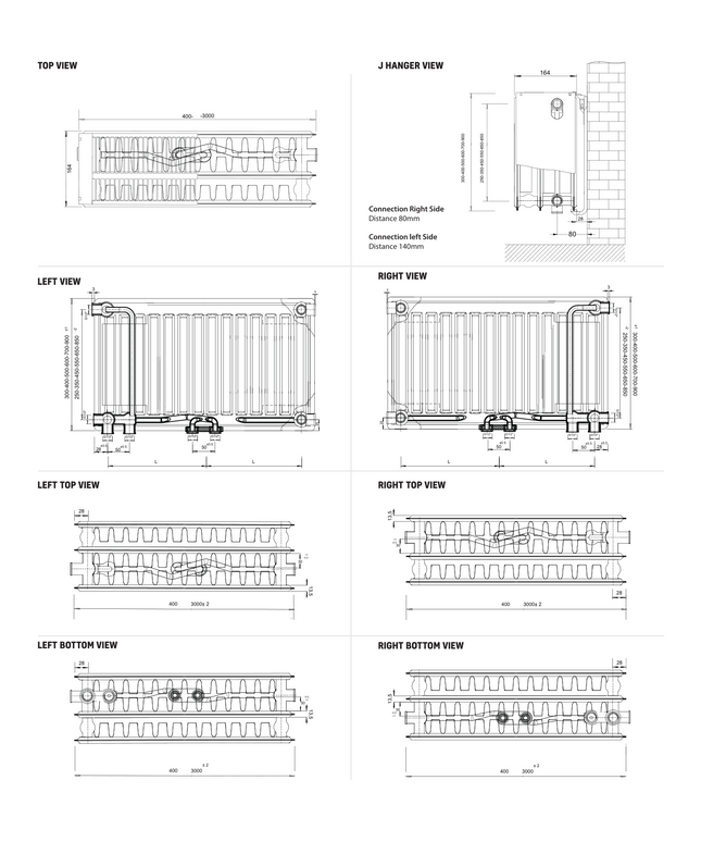 Plan coté radiateur panneau STELRAD BEL8 T33 700x500mm - Blanc - Raccordement central - 1356W