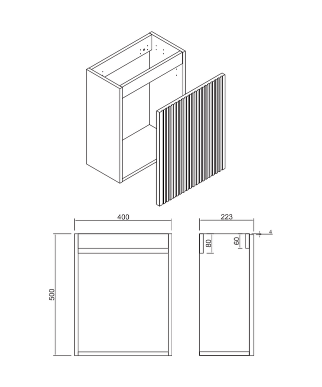 Maattekening Aloni Mikaro toiletmeubelonderkast – 40x50x22,3 cm – licht eiken