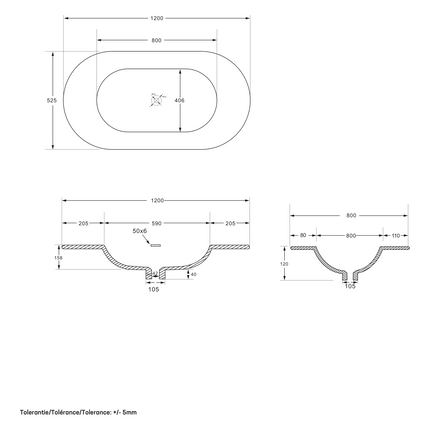 Maattekening BEGONIA Wastafel - 1 wasbak met overloop - 120x52,5cm - Mat wit