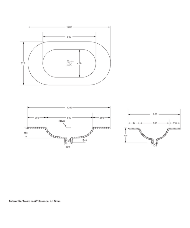 Maattekening BEGONIA Wastafel - 1 wasbak met overloop - 120x52,5cm - Mat wit