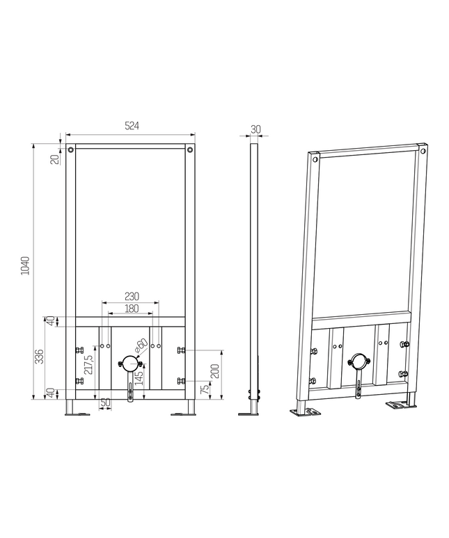 Maattekening Creavit inbouwelement voor bidet