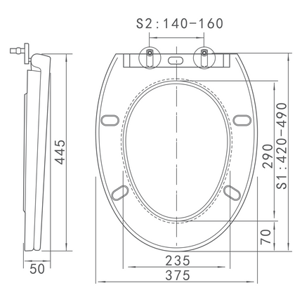 Maattekening ALONI ECO Elvia Toiletbril - Soft Close & Quick Release - Glanzend wit