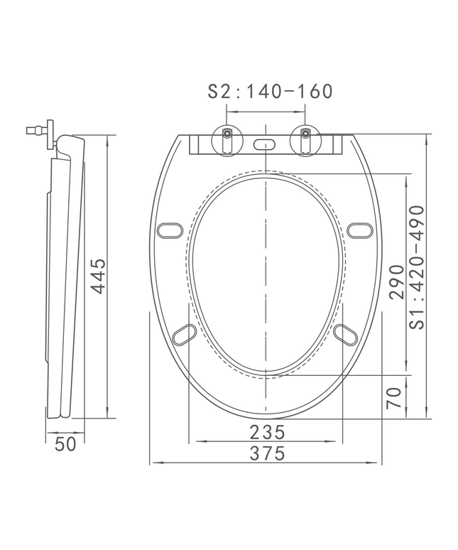 Maattekening ALONI ECO Elvia Toiletbril - Soft Close & Quick Release - Glanzend wit