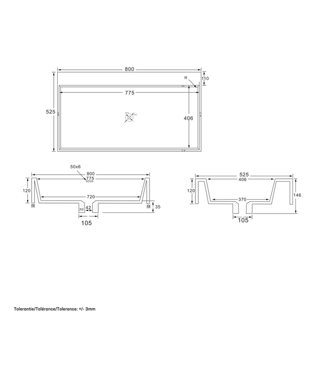 Maattekening Wonda Square wastafel – 1 wasbak – zonder kraangat – kunstmarmer – 80 cm – mat wit