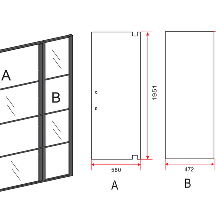 Maattekening ALONI Douchecabine met Draaideur, Vast Wandje en Zijwand – 90x120x200 cm – 8 mm Veiligheidsglas – Mat Zwart – Helder Glas met Zwart Raster – Omkeerbaar