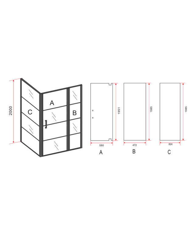Maattekening ALONI Douchecabine met Draaideur, Vast Wandje en Zijwand – 90x120x200 cm – 8 mm Veiligheidsglas – Mat Zwart – Helder Glas met Zwart Raster – Omkeerbaar