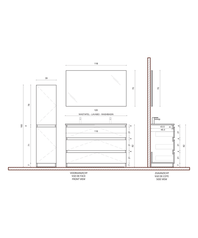Maattekening ALONI JUPITER wastafelonderkast – 120 cm – Mat wit – Softclose