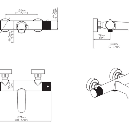 Maattekening STRIA Thermostatische badmengkraan - Opbouw 150mm hartafstand - Geborsteld bruin brons