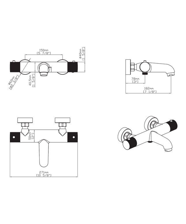 Maattekening STRIA Thermostatische badmengkraan - Opbouw 150mm hartafstand - Geborsteld bruin brons