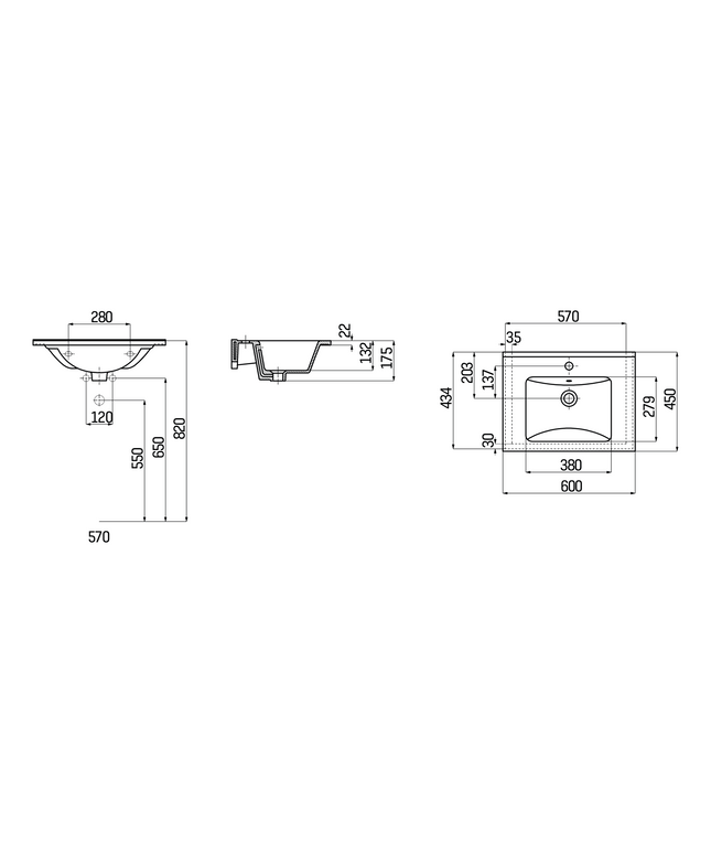 Maattekening CREAVIT Wastafel – 60x45 cm – Wit