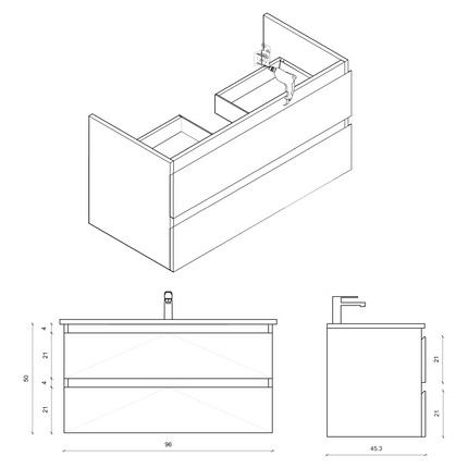 Maattekening ALONI SALLY wastafelonderkast – 100 cm – Eiken