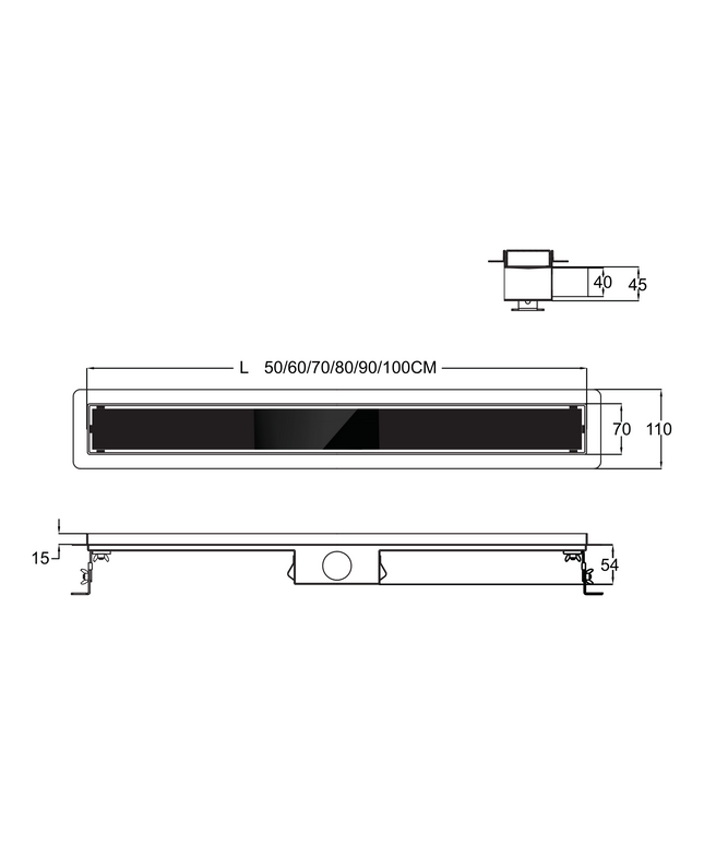 Maattekening ALONI Glasrooster Douchegoot – 80 cm – Zwart