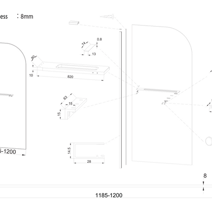 Maattekening CURVY Inloopdouche gebogen met handdoekhouder - 1200x2000mm - Chroom