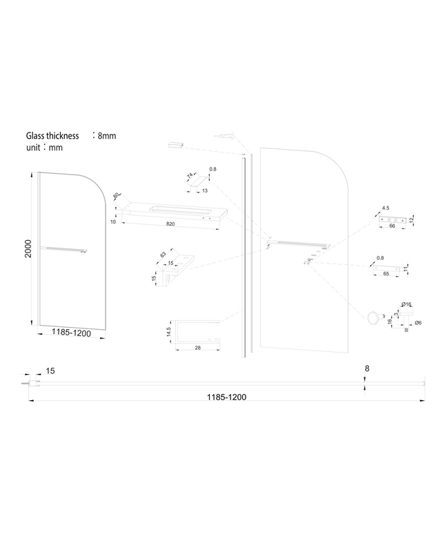 Maattekening CURVY Inloopdouche gebogen met handdoekhouder - 1200x2000mm - Chroom