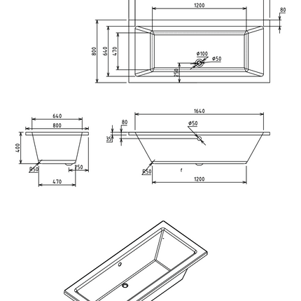 Maattekening ALONI Ilio Duo inbouwbad - 1800x800mm - Glanzend wit
