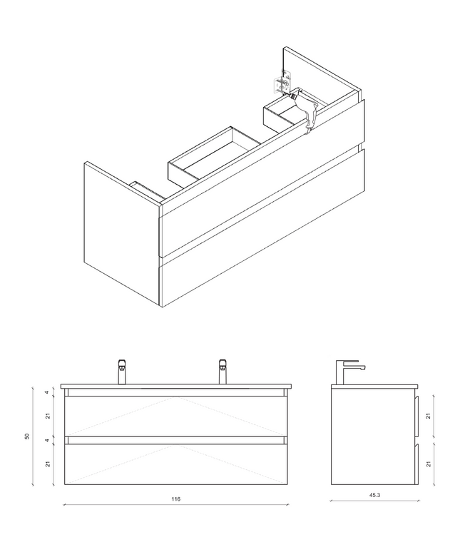Maattekening ALONI SALLY wastafelonderkast – 120 cm – Mat wit
