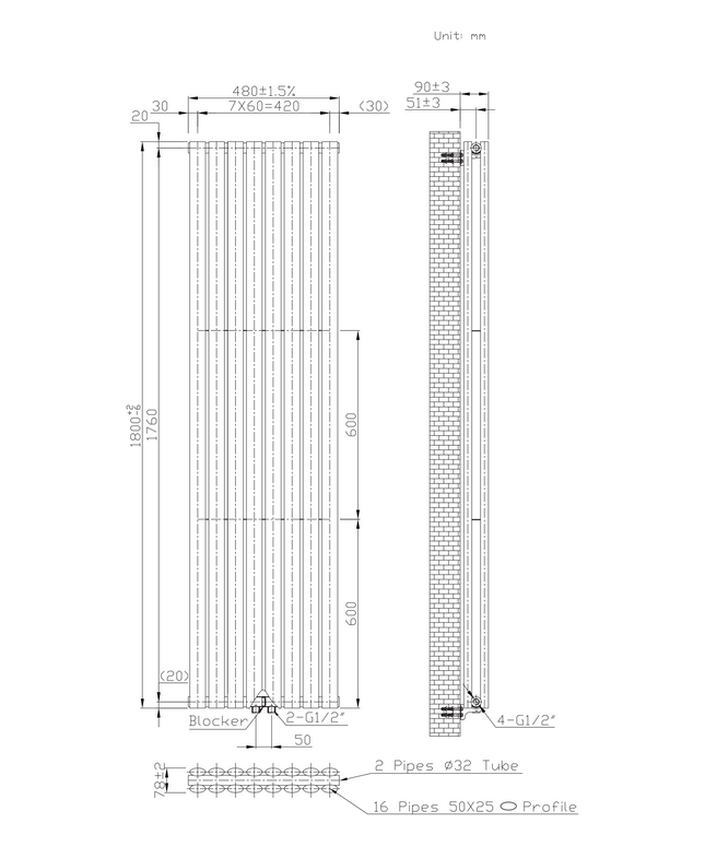 Maattekening BELRAD Verticale designradiator ovaal dubbel 1800x472mm - Wit - 8 elementen - 1640W