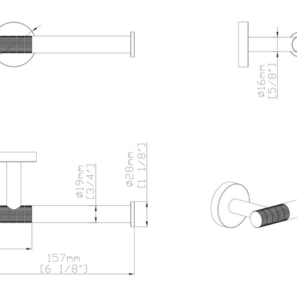 Maattekening Aloni Stria toiletrolhouder met vaste arm – geborsteld goud (PVD)