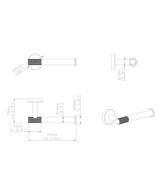 Maattekening Aloni Stria toiletrolhouder met vaste arm – geborsteld goud (PVD)