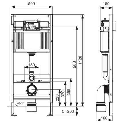 Maattekening TECE Base Eco Inbouwreservoir met frame - 1120mm - Mat zwart bedieningsplaat