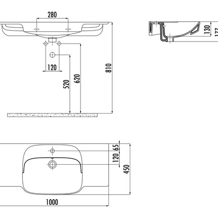 Maattekening CREAVIT Saily wastafel - 100x45cm - 1 kraangat - Houtskool zwart