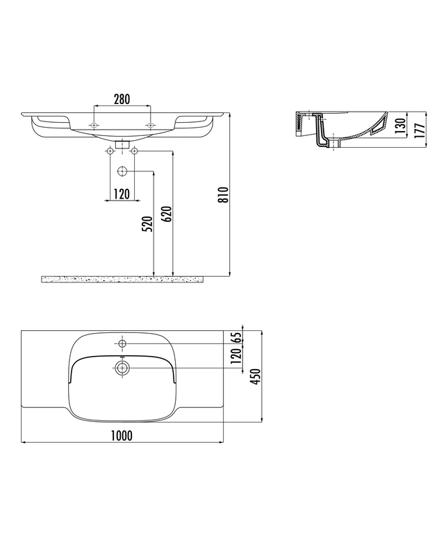 Maattekening CREAVIT Saily wastafel - 100x45cm - 1 kraangat - Houtskool zwart