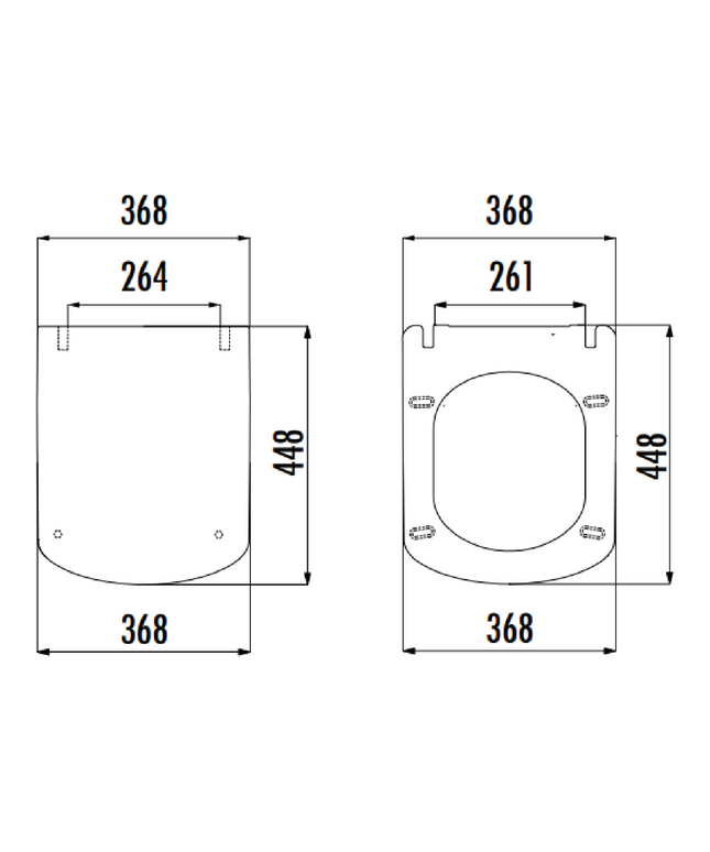 Maattekening Creavit Elegant wc-zitting – softclose – Duroplast – rvs scharnieren – glanzend wit