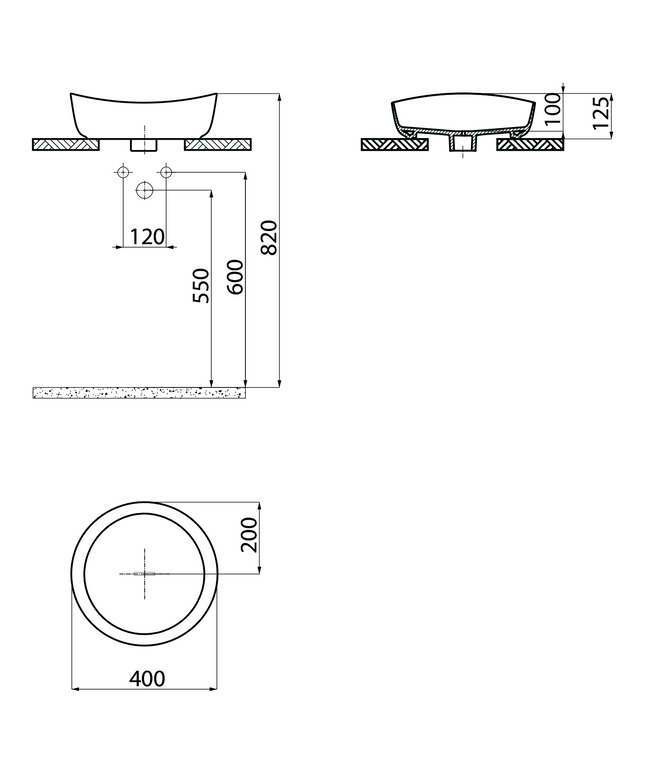 Maattekening Creavit Ruby RB140 Waskom – Opbouw – Keramiek – 40x10x40 cm – Glanzend Wit