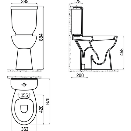 Maattekening Creavit hoog staande wc compleet – S-trap – wit