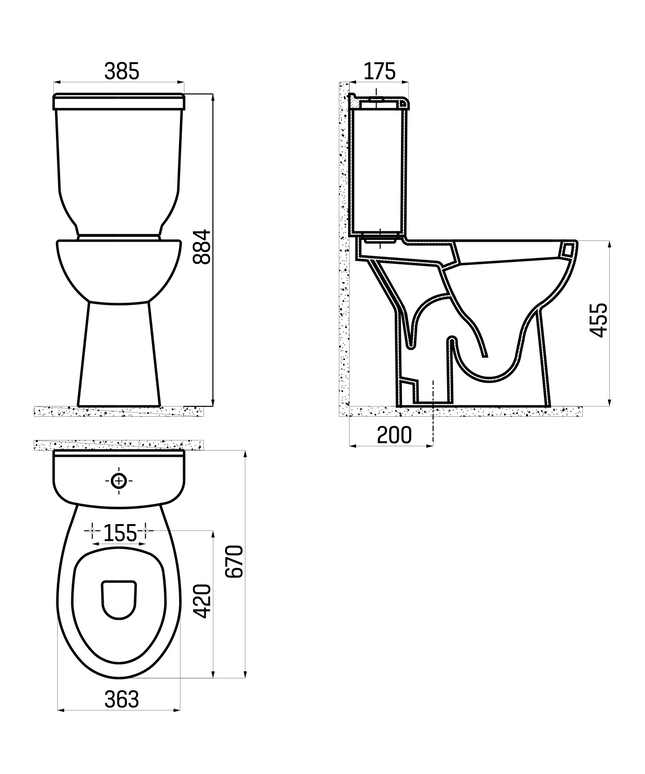 Maattekening Creavit hoog staande wc compleet – S-trap – wit
