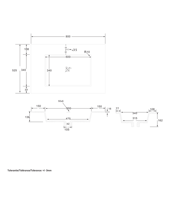 Maattekening WONDA Square Slim Wastafel – 80x1,6x52,5 cm – Kunstmarmer – Mat Wit