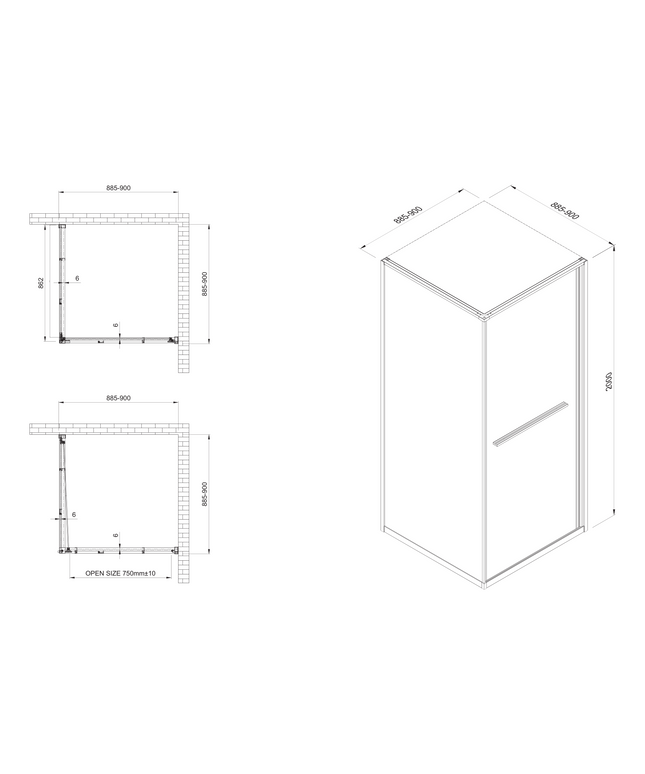Maattekening INSLIDE Douchecabine - Naar binnen schuivende deur met zijwand - 90x90x200cm - Geborsteld goud
