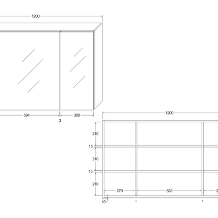 Plan coté armoire de toilette HAYAT – 3 portes miroir asymétriques simples – 120x70x15 cm – Chêne
