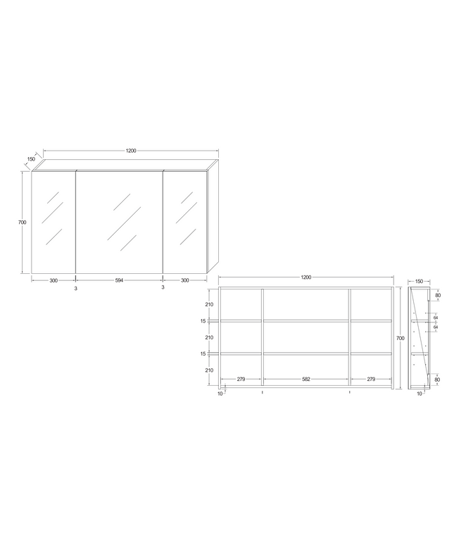 Maattekening HAYAT spiegelkast – 3 asymmetrische enkelzijdige spiegeldeuren – 120x70x15 cm – Eik