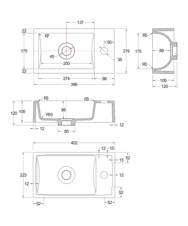Plan coté lave-mains ALONI – 40x10,5x22 cm – marbre artificiel – noir mat