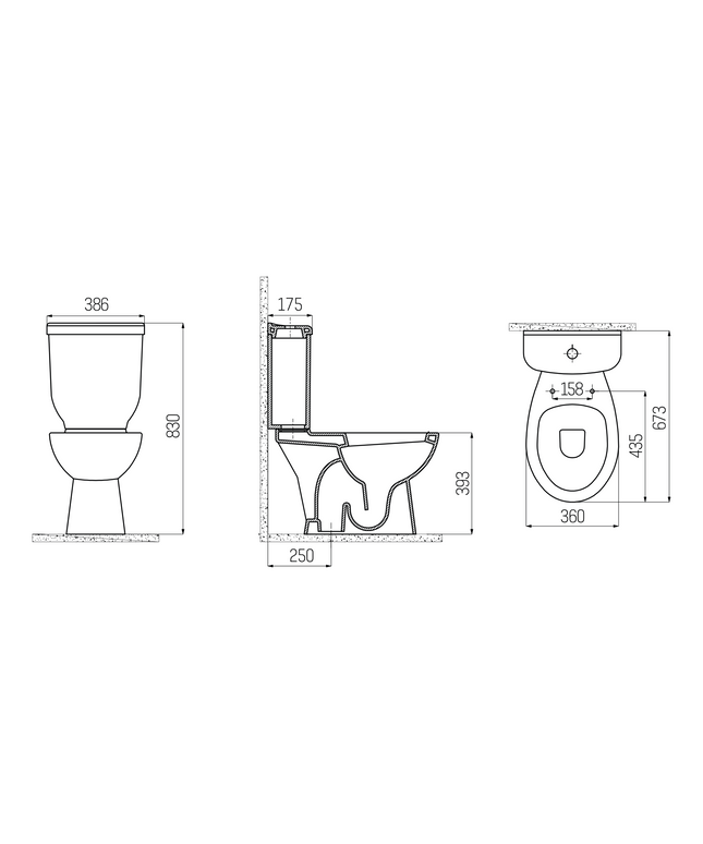 Maattekening Creavit Sedef staand toilet / vloertoilet met sproeier (bidet) – S-trap vloeruitlaat – wit