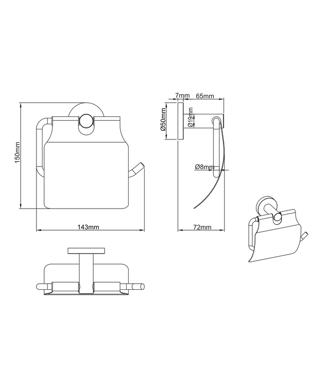 Maattekening Aloni toiletrolhouder met klep – geborsteld koper