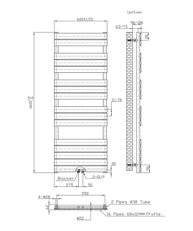 Maattekening BELRAD Badkamer radiator 1600x600mm - Zwart - Middenaansluiting - 908W