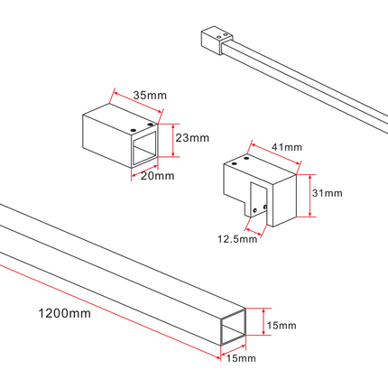 Maattekening ALONI Stabilisatiestang inkortbaar - 120 cm - Voor 8-10 mm glas - Gunmetal