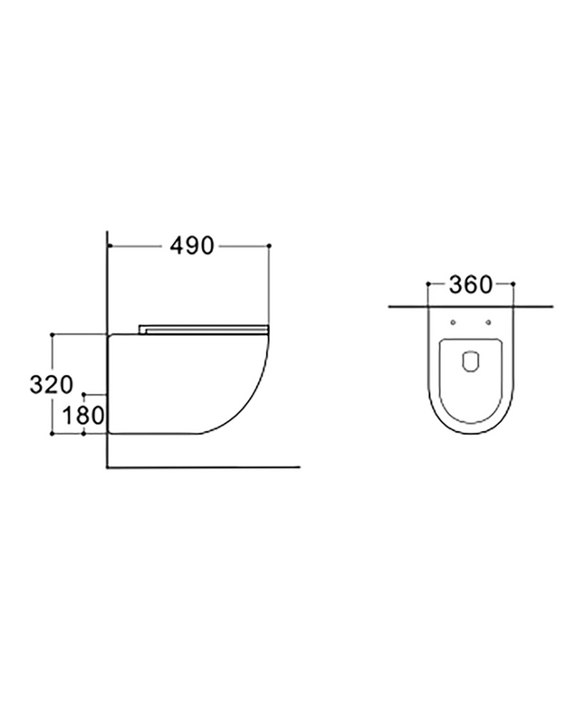 Maattekening Aloni Pro hangtoilet / ophang WC – tornado flush – randloos – met zitting – compact 49 cm – mat zwart