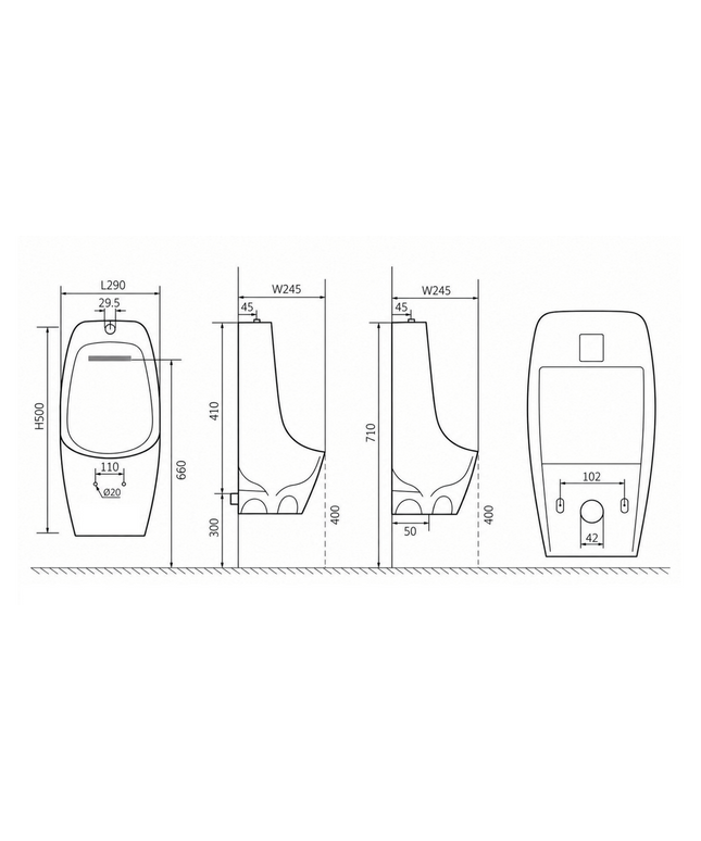 Maattekening Aloni Vexo urinoir – glanzend wit – bovenaansluiting