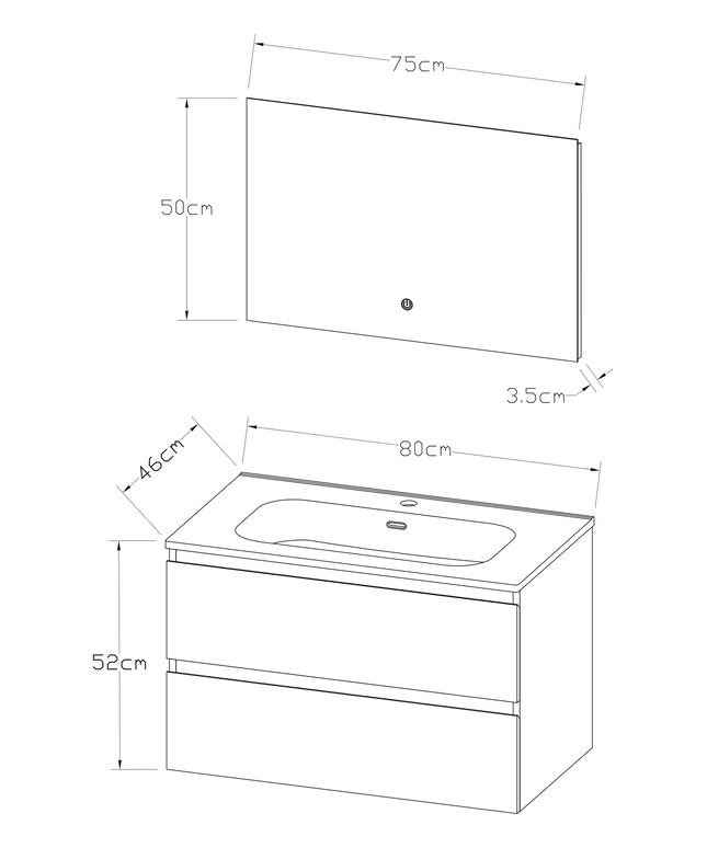 Maattekening ALONI LIVA badkamermeubelset compleet – 80 cm – glanzend wit – met wastafel en LED spiegel – softclose