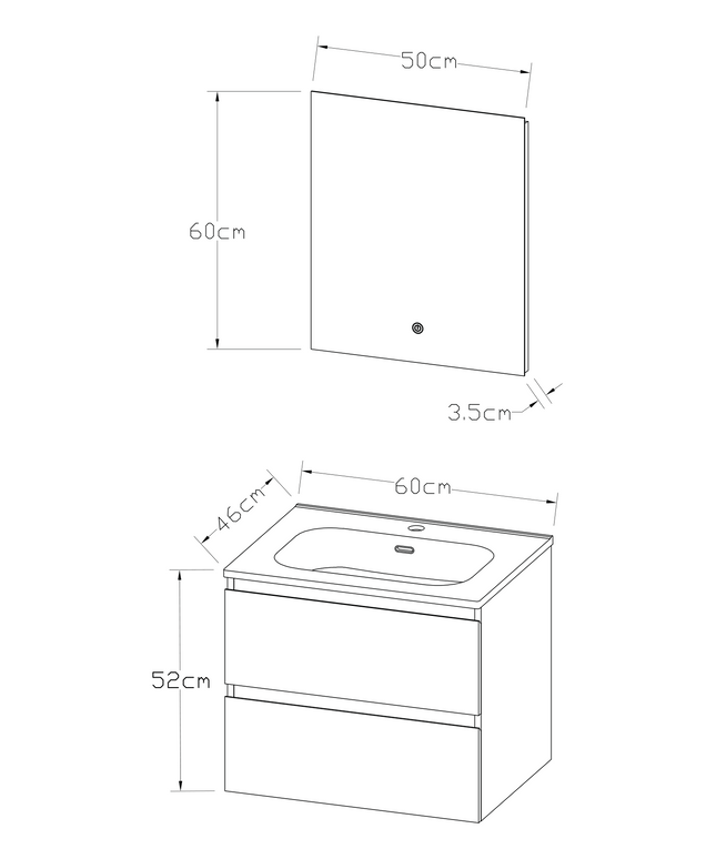 Maattekening ALONI LIVA badkamermeubelset compleet – 60 cm – glanzend wit – met wastafel en LED spiegel – softclose