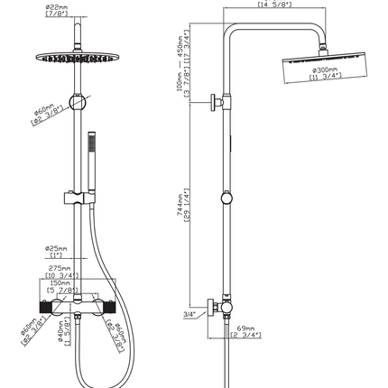 Maattekening STRIA Regendoucheset Thermostatisch - Hoofddouche 30 cm - Opbouw - Geborsteld RVS
