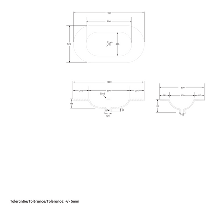 Maattekening BEGONIA Wastafel - 1200x525mm - Mat wit
