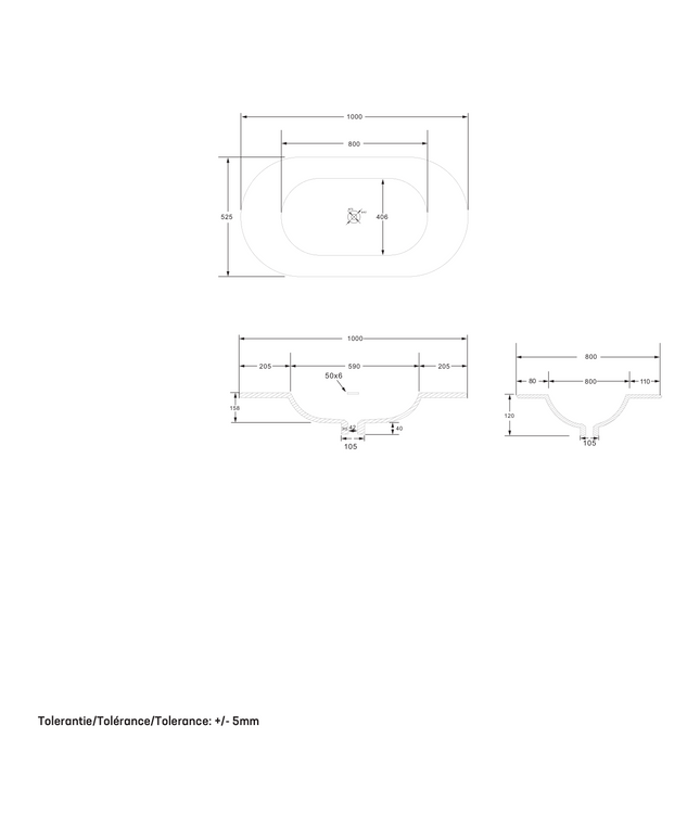 Maattekening BEGONIA Wastafel - 1200x525mm - Mat wit