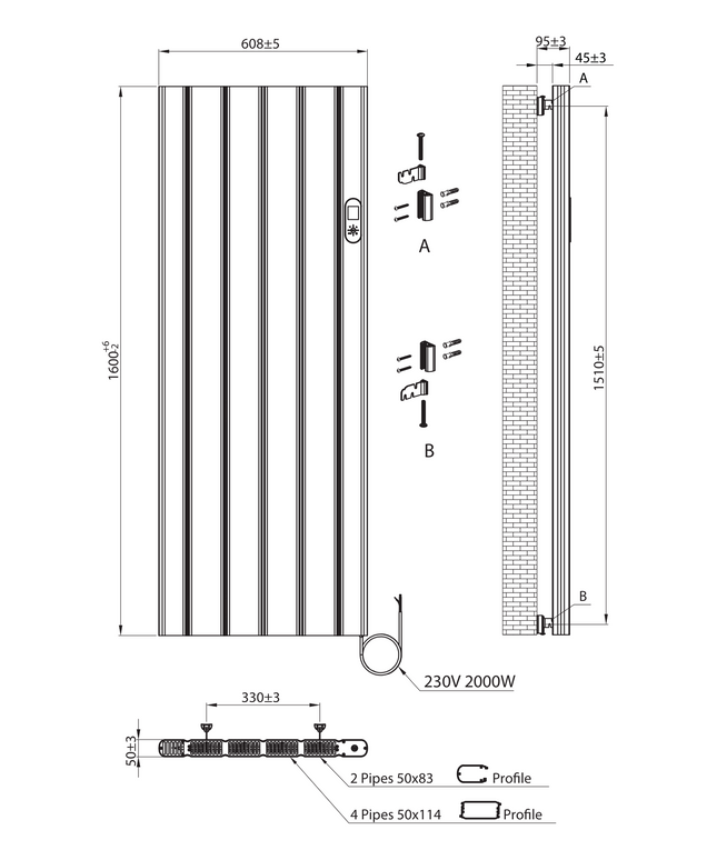 Maattekening BELRAD elektrische radiator 1600x608x90 mm - Glanzend wit - Programmeerbare thermostaat + Smart wifi - 2000W