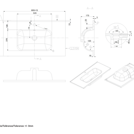 Maattekening ALONI Liva wastafel - 80x46 cm - 1 kraangat - met overloop - Glanzend wit