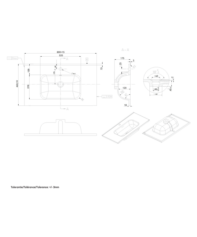 Maattekening ALONI Liva wastafel - 80x46 cm - 1 kraangat - met overloop - Glanzend wit