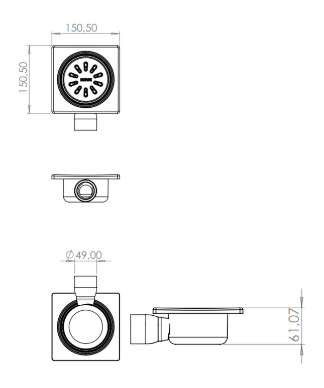 Maattekening Doucheput Uitgang Horizontaal – Volledig RVS – 15x15 cm – Ø50 mm